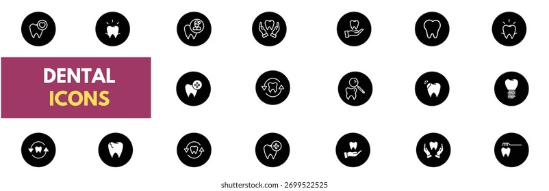 Dental icon set. Containing tooth, toothpaste, toothbrush, teeth, implant and dentistry icons. Dental icon collection. Vector illustration.