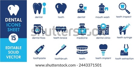 Dental icon set. Containing tooth, dentist, toothpaste, toothbrush, teeth, implant and so on. Flat teeth care icons set.