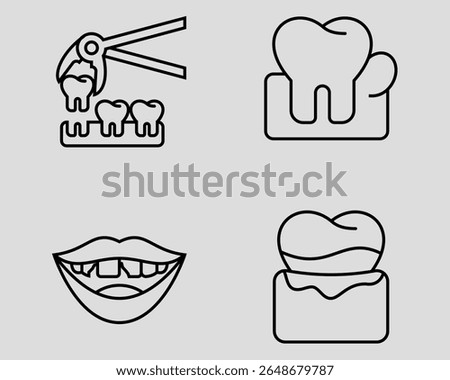 Dental icon set. Containing Tooth removal, swollen gum, chipped tooth, gingivitis. Outline icon style.
