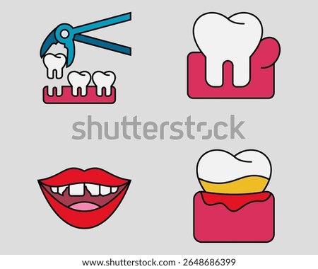 Dental icon set. Containing Tooth removal, swollen gum, chipped tooth, gingivitis. filled outline icon style.