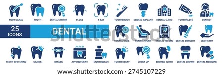 Dental icon set. Containing tooth, dentist, toothpaste, toothbrush, teeth, implant and dentistry icons. Solid icon collection. Vector illustration.
