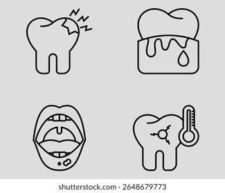 Dental icon set. Containing Toothache, bleeding gum, ulcer, sensitive teeth. Outline icon style.