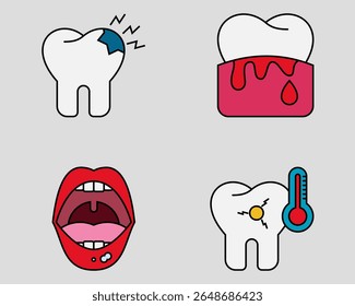 Dental icon set. Containing Toothache, bleeding gum, ulcer, sensitive teeth. filled outline icon style.