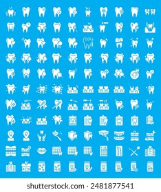 Dental icon set. Contains teeth, toothpaste, toothbrush, teeth, implants and dentistry icons. Solid icon collection. Vector illustration.