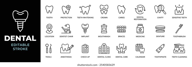 Dental icon set. Dentistry, tooth, toothbrush, implant, braces, teeth whitening, oral care icons. Dentist clinic outline icons collection. Editable stroke