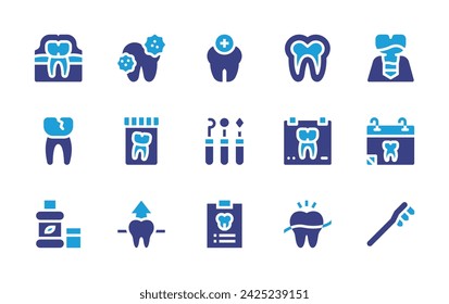 Icono dental. Color duotono. Ilustración vectorial. Contiene diente, bacterias, esmalte, implantitis peribucal, rayos X, herramientas, cita, prescripción, enjuague bucal, cepillo de dientes.