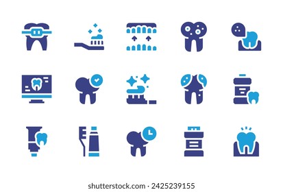 Dental icon set. Duotone color. Vector illustration. Containing orthodontic, brace, bacteria, toothbrush, cavity, computer, mouthwash, checked, rotten, clock, toothpaste, toothache.