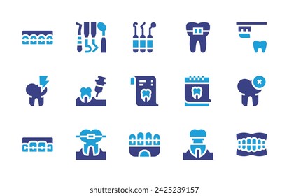 Dental icon set. Duotone color. Vector illustration. Containing braces, dentist tools, tools, toothbrush, calendar, anesthesia, x ray, decay, tooth, implant, brackets, teeth.