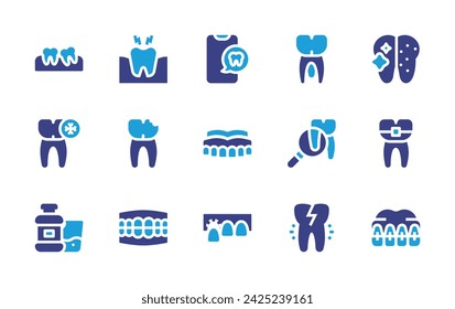 Dental icon set. Duotone color. Vector illustration. Containing smartphone, teeth, tooth, toothache, molar, denture, sensitivity, broken tooth, dentist, mouthwash, braces, dentures.