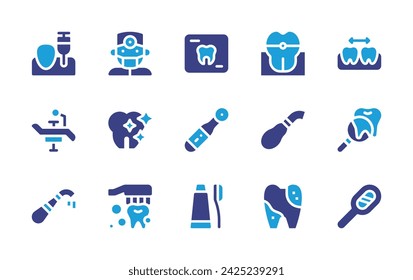 Dental icon set. Duotone color. Vector illustration. Containing radiography, anesthesia, tooth, dentist, braces, electric toothbrush, chair, magnifying glass, clean tooth, suction, toothbrush, mirror.