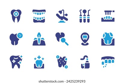 Dental icon set. Duotone color. Vector illustration. Containing dentist, teeth, dentist chair, tooth, teeth brush, gingival epithelium, bacteria, plaque, toothpaste, clean, cavities.