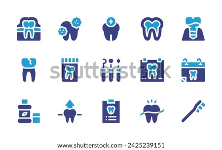 Dental icon set. Duotone color. Vector illustration. Containing tooth, bacteria, enamel, peri implantitis, x rays, tools, appointment, prescription, mouthwash, toothbrush.