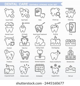 Conjunto de iconos dentales - Trazo editable. Pixel Vector perfecto, Iconos de línea fina. Lo mismo que chequeo, limpieza, corona dental, dientes de relleno, tratamiento de cancelación de raíces, descamación, rayos X, sacar, caída de dientes.