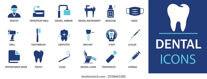 Dental icon set. Featuring detailed illustrations of tooth, dentist, toothpaste, toothbrush, implant and dentistry icons. Cohesive set of scalable vector icons.