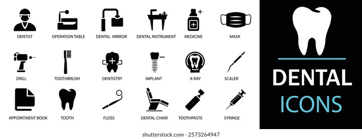 Dental icon set. Featuring detailed illustrations of tooth, dentist, toothpaste, toothbrush, implant and dentistry icons. A well organized collection of adaptable solid vector icons