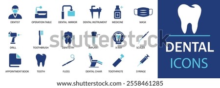 Dental icon set. Featuring detailed illustrations of tooth, dentist, toothpaste, toothbrush, implant and dentistry icons. Cohesive set of scalable vector icons.