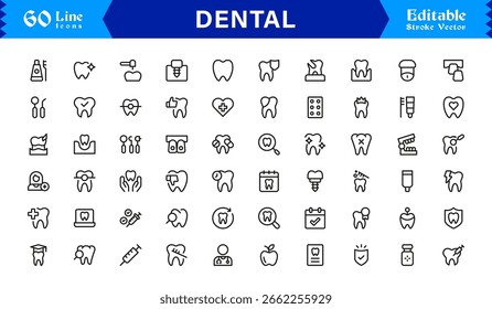Conjunto de iconos dentales con dientes, cuidado bucal y herramientas de odontología en estilo de línea de Vector