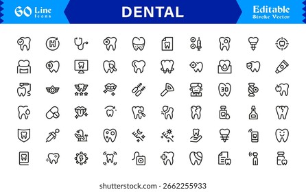 Dental Icon Set Featuring Teeth, Oral Care, and Dentistry Tools in Vector Line Style