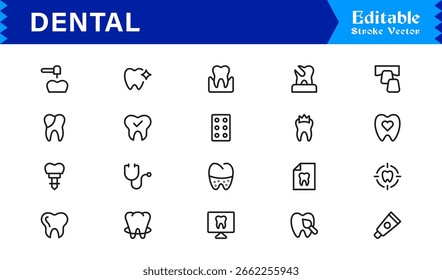 Dental Icon Set Featuring Teeth, Oral Care, and Dentistry Tools in Vector Line Style