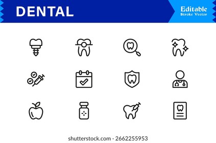 Dental Icon Set Featuring Teeth, Oral Care, and Dentistry Tools in Vector Line Style
