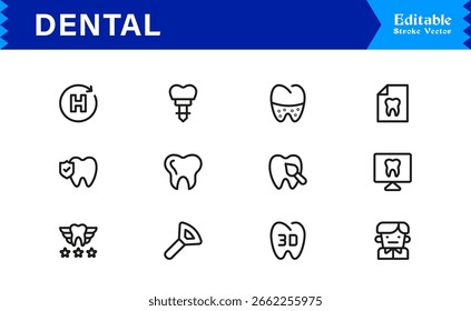 Conjunto de iconos dentales con dientes, cuidado bucal y herramientas de odontología en estilo de línea de Vector