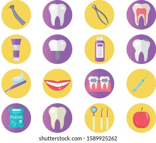 Dental icon set, flat style. Stomatology kit isolated on white background.Dentistry collection of design elements. Vector illustration, clip art