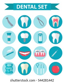 Dental icon set, flat style. Stomatology kit isolated on white background.Dentistry collection of design elements. Vector illustration, clip art