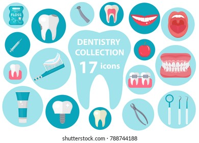 Dental icon set, flat style. Stomatology kit isolated on white background. Dentistry collection of design elements. Vector illustration, clip art