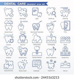 Conjunto de iconos dentales - Iconos de gradiente. Lo mismo que chequeo, limpieza, corona dental, dientes de relleno, tratamiento de cancelación de raíces, descamación, rayos X, sacar, caída de dientes, superposición, ortesis, etc.