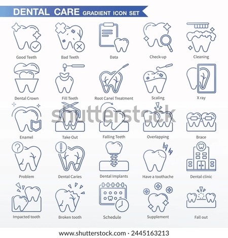 Dental icon set - Gradient Icons. Same as Check up, Cleaning, Dental Crown, Fill Teeth, Root Canel Treatment, Scaling, X ray, Take Out, Falling Teeth, Overlapping, Brace, etc.