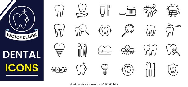 Conjunto de iconos dentales de arte de línea. Icono dental, conjunto de Vectores. Pasta de dientes, cepillo de dientes, dientes, tratamiento, limpieza, dentista. Iconos relacionados con la salud dental. Ilustración vectorial.