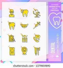 Dental icon set with lineal style for dental clinic. Healthcare icon bundle can use for website, app, UI, infographic, print template and presentation.