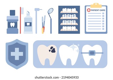 Juego de iconos dentales. Odontología privada, servicios ortodónticos, clínica estética dental. Dientes con problemas y lesiones, llaves dentales, limpieza. Estricción y dientes de tratamiento. Ilustración plana del vector