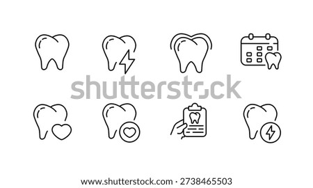Dental icon set representing tooth pain, calendar, heart, and tooth care checklist