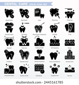 Dental icon set - Solid Icons. Same as Check up, Cleaning, Dental Crown, Fill Teeth, Root Canel Treatment, Scaling, X ray, Take Out, Falling Teeth, Overlapping, Brace, etc.