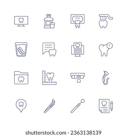 Dental icon set. Thin line icon. Editable stroke. Containing dental, denture, folder, location, mouthwash, talk, tooth, tweezers, dentist, implant, mirror, scan, brush teeth, dental drill.