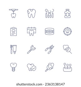 Juego de iconos dentales. Icono de línea delgada. Trazo editable. Consta de impresión, caries, portapapeles, cuidado, hilo dental, implante dental, seguro, dentista, dentadura, fórceps, lupa.