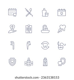 Dental icon set. Thin line icon. Editable stroke. Containing calendar, dental care, floss, dental insurance, surgery, dentistry, floss, light, mouthwash, sink, tooth, toothpaste.