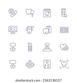 Dental icon set. Thin line icon. Editable stroke. Containing appointment, check up, computer, dental care, crown, dental hook, dental implant, light, dentist, diagnosis, implant.