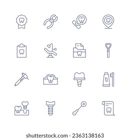 Dental icon set. Thin line icon. Editable stroke. Containing badge, drill, implant, dental pliers, dentist, dentist chair, documents, enamel, implant, implants, mirror.