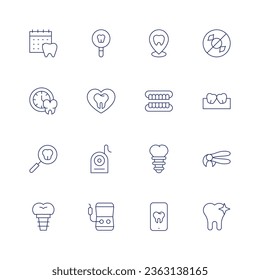 Dental icon set. Thin line icon. Editable stroke. Containing appointment, check up, clock, dental care, dental checkup, floss, implant, dental irrigator, dentist, dentures, implant.