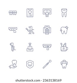 Dental icon set. Thin line icon. Editable stroke. Containing braces, drill, dental insurance, dental report, dentist, dentist chair, endodontist, implant, insurance, mirror, plaque.