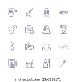 Dental icon set. Thin line icon. Editable stroke. Containing brush teeth, dental, dental drill, insurance, surgery, dentist, floss, irrigation, mouthwash, prosthesis, sink, tooth.