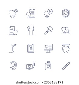 Dental icon set. Thin line icon. Editable stroke. Containing broken tooth, dental drill, insurance, dental report, dentist tools, file, intraoral camera, mouthwash, prevention.