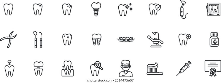 Conjunto de ícones dentários. Dentes, dentista, broca, implante, pílula, ferramentas dentárias etc.