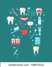Dental icon set in tooth form, flat style. Stomatology kit .Dentistry collection of design elements. Vector illustration, clip art