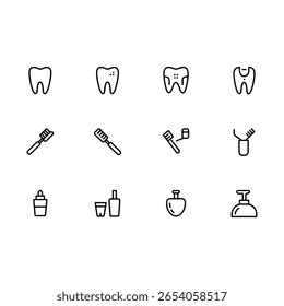 Conjunto de ícone dentário, dente, escova de dentes, pasta de dente, tratamento dentário, higiene oral, ilustração de vetor de saúde dentária.