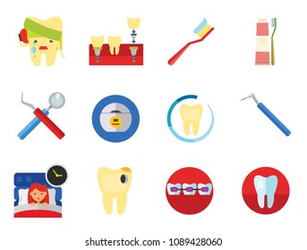 Dental Icon Set. Toothache Tooth Implant Dental Floss Interdental Brush Caries Braces Dental Care Insomnia Healthy Tooth Stomatology Tooth Brush Toothpaste