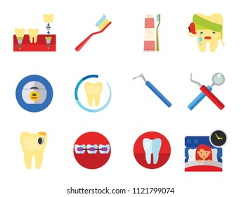 Dental Icon Set. Toothache Tooth Implant Dental Floss Interdental Brush Caries Braces Dental Care Insomnia Healthy Tooth Stomatology Tooth Brush Toothpaste