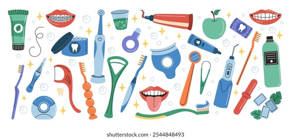 Conjunto de icono dental. Cepillo de dientes y hilo dental, higiene dental, cepillo eléctrico. Dentista médico, cuidado dental. Salud bucal, diferentes herramientas, tratamiento bucal. Vector ordenado de dibujos animados de estilo plano aislado ilustración